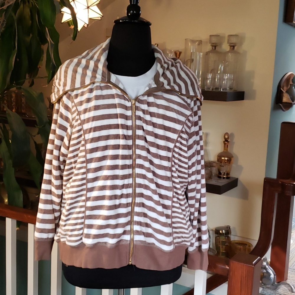 Calvin Klein Womens Beige And Cream Velour Zipper Track Jacket